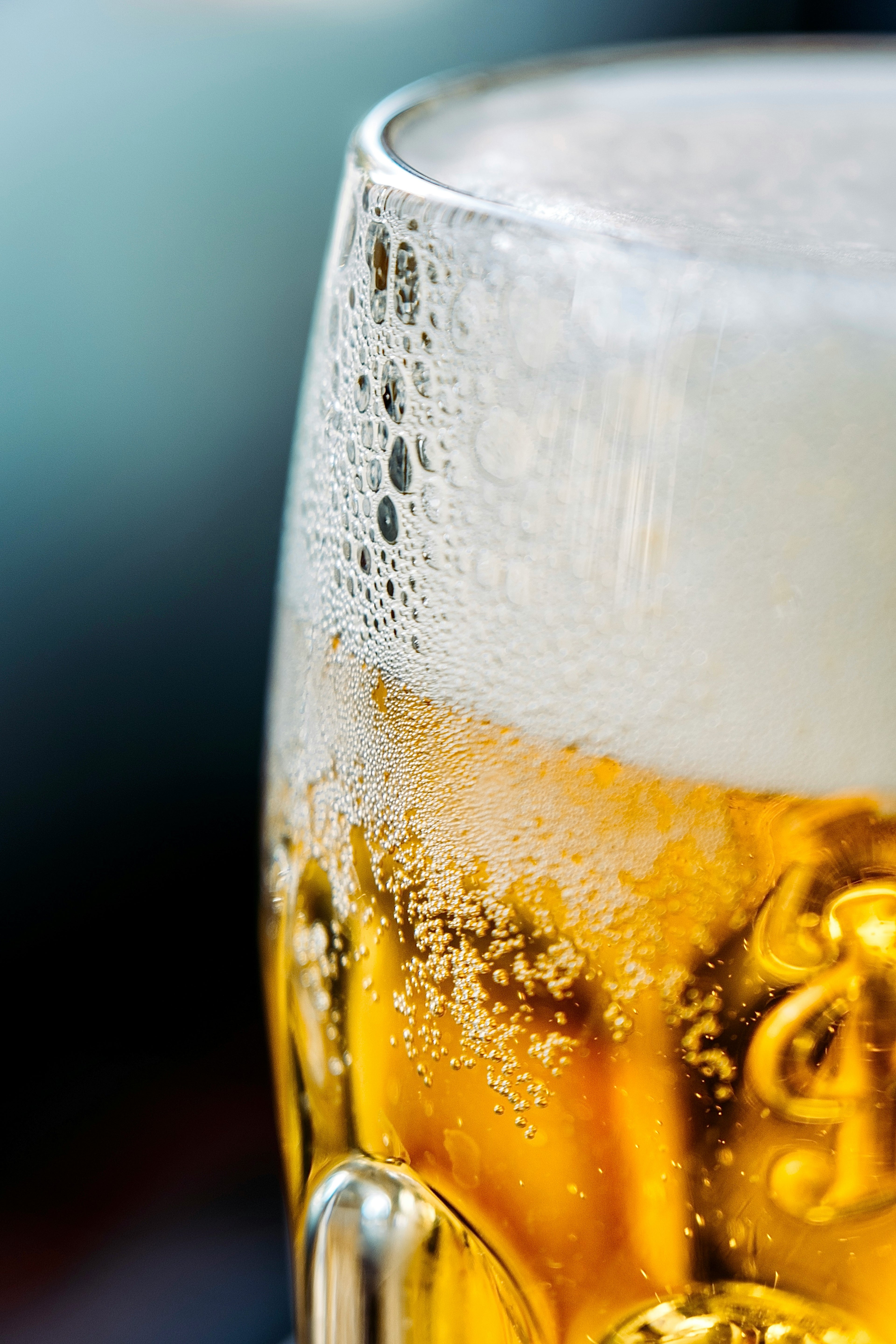Close-up of a glass of beer with foam and condensation on a blurred background