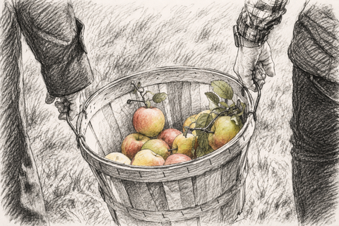 A black and white pencil sketch of a wooden basket filled with red and yellow apples, held by two people in a field.
