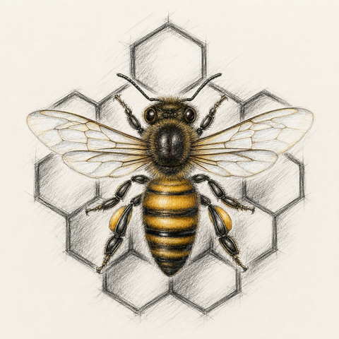 A detailed pencil-style illustration of a honeybee centered over a hexagonal honeycomb, rendered on a light cream background.