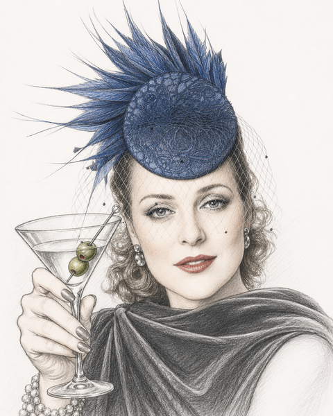A stylized portrait drawing of a woman in 1920s fashion holding a martini glass with olives. She wears a dark blue feathered fascinator hat, pearl earrings, a pearl necklace, and a dark draped shawl against a plain light background.