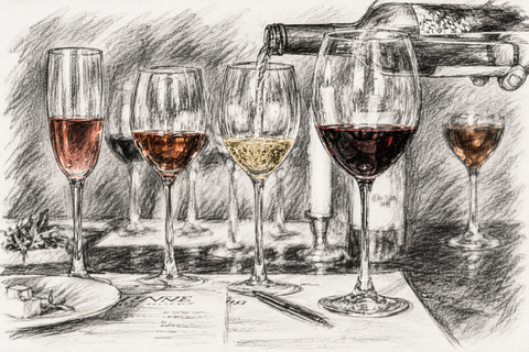 A sketch-style illustration of several wine glasses on a table, with a bottle pouring wine into one glass. The scene includes plates and cutlery, rendered in monochrome and sepia tones.