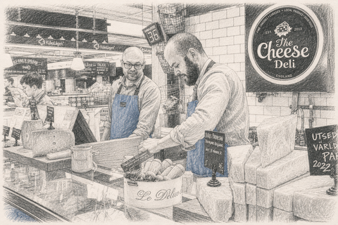 A black and white pencil sketch depicting a bustling cheese deli scene, featuring customers and vendors behind a counter filled with various cheeses and fresh meats, with a prominent sign reading 'The Cheese Deli' on the right.