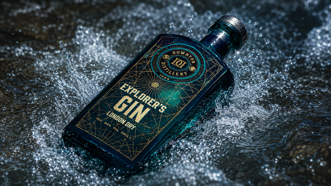A bottle of Downward Distillers Explorer's Gin London Dry is shown partially submerged in splashing water, with the label clearly visible and the bottle angled diagonally.