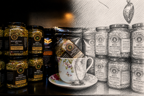 Jars of tea sat on each other, surround and tea cup and saucer. In the tea cup is another jar of tea,