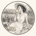 A circular vintage-style illustration of a woman in a wide-brimmed hat sitting outdoors on a picnic blanket, holding a glass and surrounded by a basket, bread, grapes, and flowers. The artwork is rendered in black and white line art with a warm cream background.