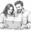 A black and white pencil sketch of a smiling man and woman holding a cardboard shipping box together against a plain white background.