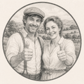 A circular black-and-white engraved-style illustration of a smiling man and woman outdoors, both giving a thumbs-up, on a light beige background.