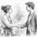 A black and white pencil sketch illustration of a man and a woman shaking hands. The woman wears an apron over a collared shirt, and the man wears a blazer.