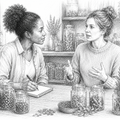 A black and white pencil sketch illustration of two women sitting at a table in a rustic room, surrounded by glass jars filled with dried herbs and plants. One woman is writing in a notebook while the other gestures with her hands as they converse.