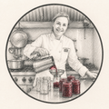 A circular black-and-white sketch-style illustration of a woman in a white chef coat pouring red jam into glass jars on a kitchen counter, with hanging pots and shelves in the background.