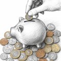 A hand sketch-style illustration placing a coin into a piggy bank surrounded by scattered coins on a white background.