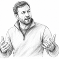 A black and white pencil sketch of a man with short hair and a beard, wearing a quarter-zip pullover, gesturing with his hands against a plain white background.