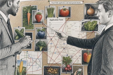 A black and white sketch-style illustration of two men examining a large food safety or inspection board with photos of vegetables, a map, and an application form.