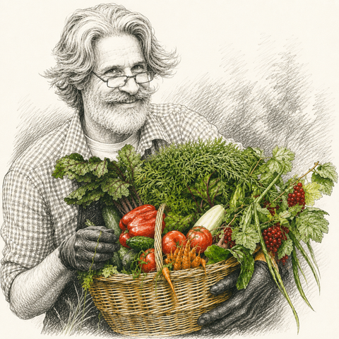 A black and white sketch-style illustration of an older man with glasses, a beard, and wavy hair holding a wicker basket overflowing with fresh vegetables and berries.