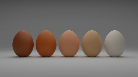 Five eggs of different colors arranged in a row on a gray background